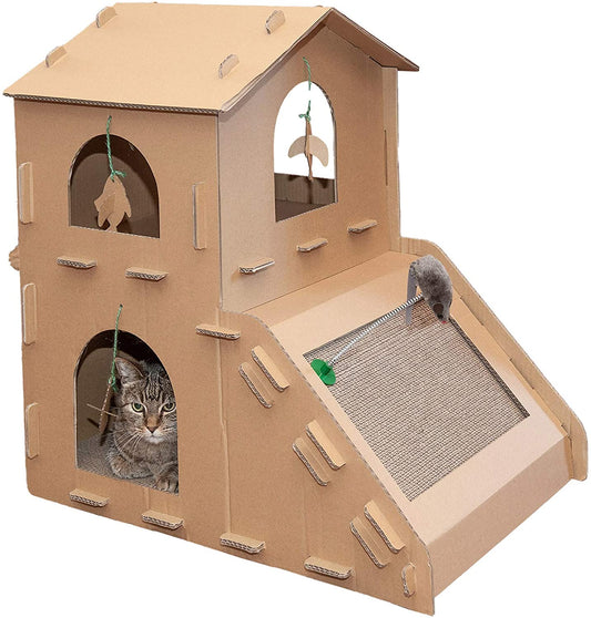 Multi-Level Cardboard Cat House W/ Catnip for Indoor Cats, Ft. Scratching Pads & Toys - Townhouse Corrugated Cat Scratcher Hideout - Cardboard Brown, One Size