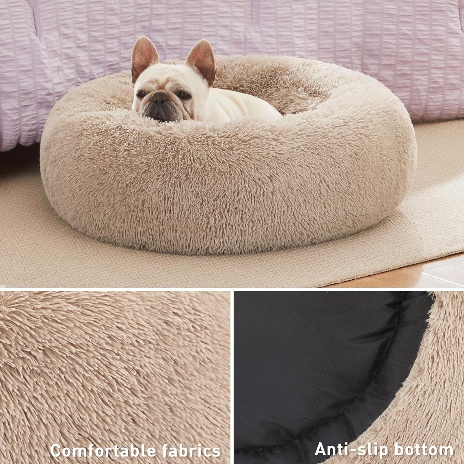 24In Cat Beds for Indoor Cats - Cat Bed with Machine Washable, Waterproof Bottom - Taupe Fluffy Dog and Cat Calming Cushion Bed for Joint-Relief and Sleep Improvement