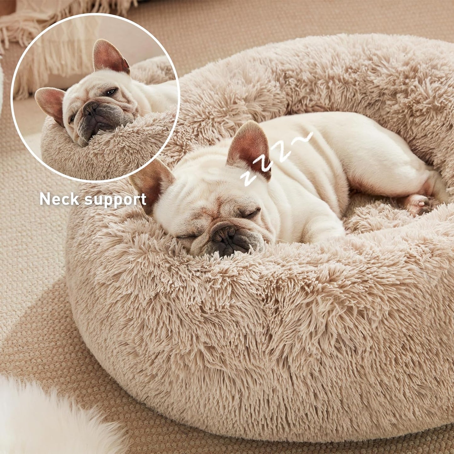 24In Cat Beds for Indoor Cats - Cat Bed with Machine Washable, Waterproof Bottom - Taupe Fluffy Dog and Cat Calming Cushion Bed for Joint-Relief and Sleep Improvement